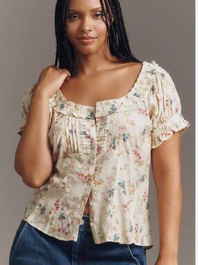 PILCRO Anthropologie Sheer Ruffle Puff Sleeve Floral Blouse Women's XL NWT